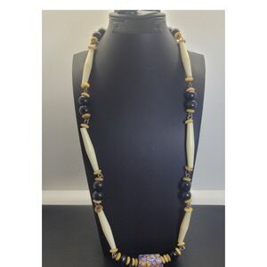 Vintage Bead Necklace Cream Black Yellow Long Beaded Strand 26in